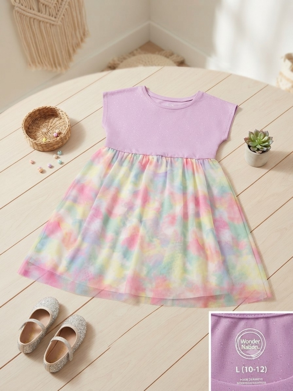 Wonder Nation Pastel Tie Dye Glitter Mesh Dress Girls Large 10-12